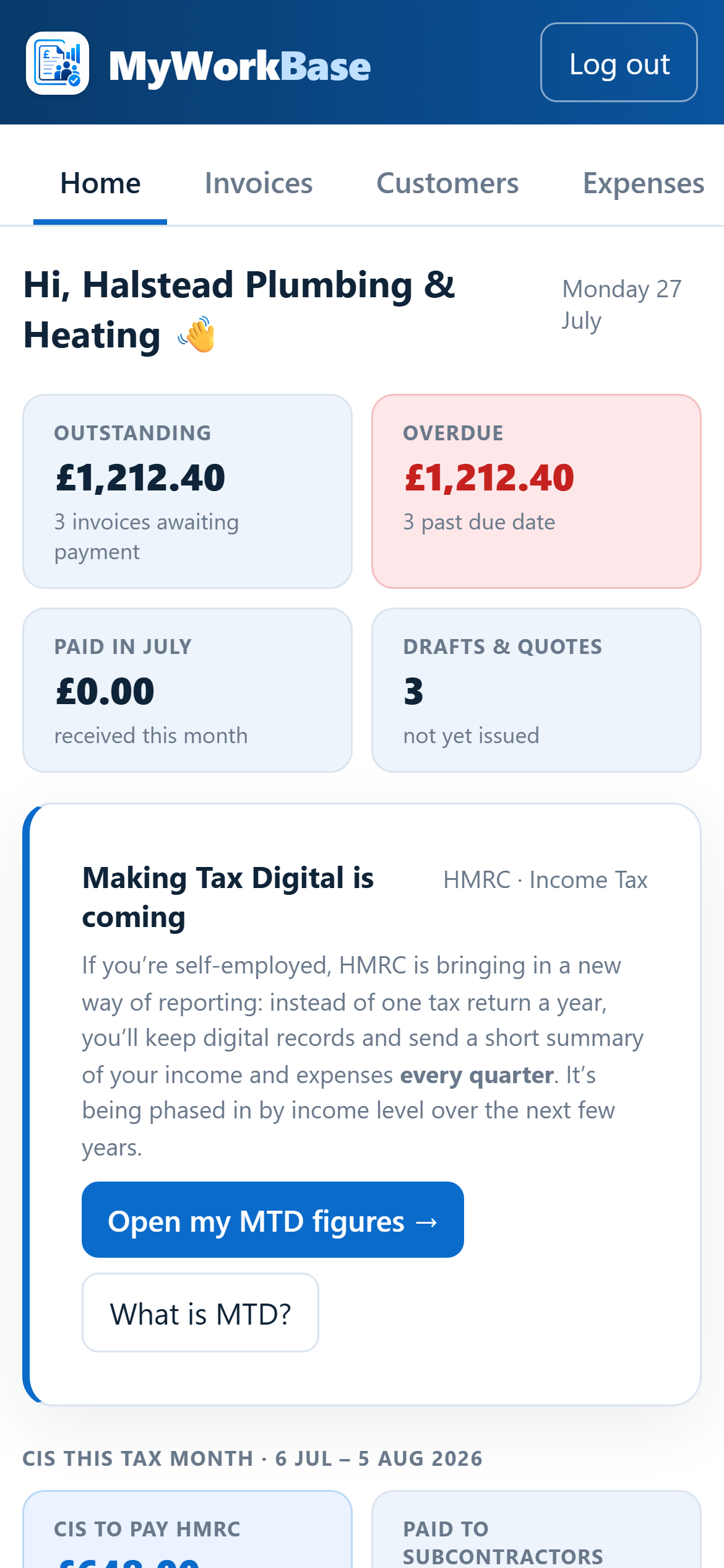 MyWorkBase home screen on a phone showing outstanding, overdue and paid totals, and this month's CIS figures.